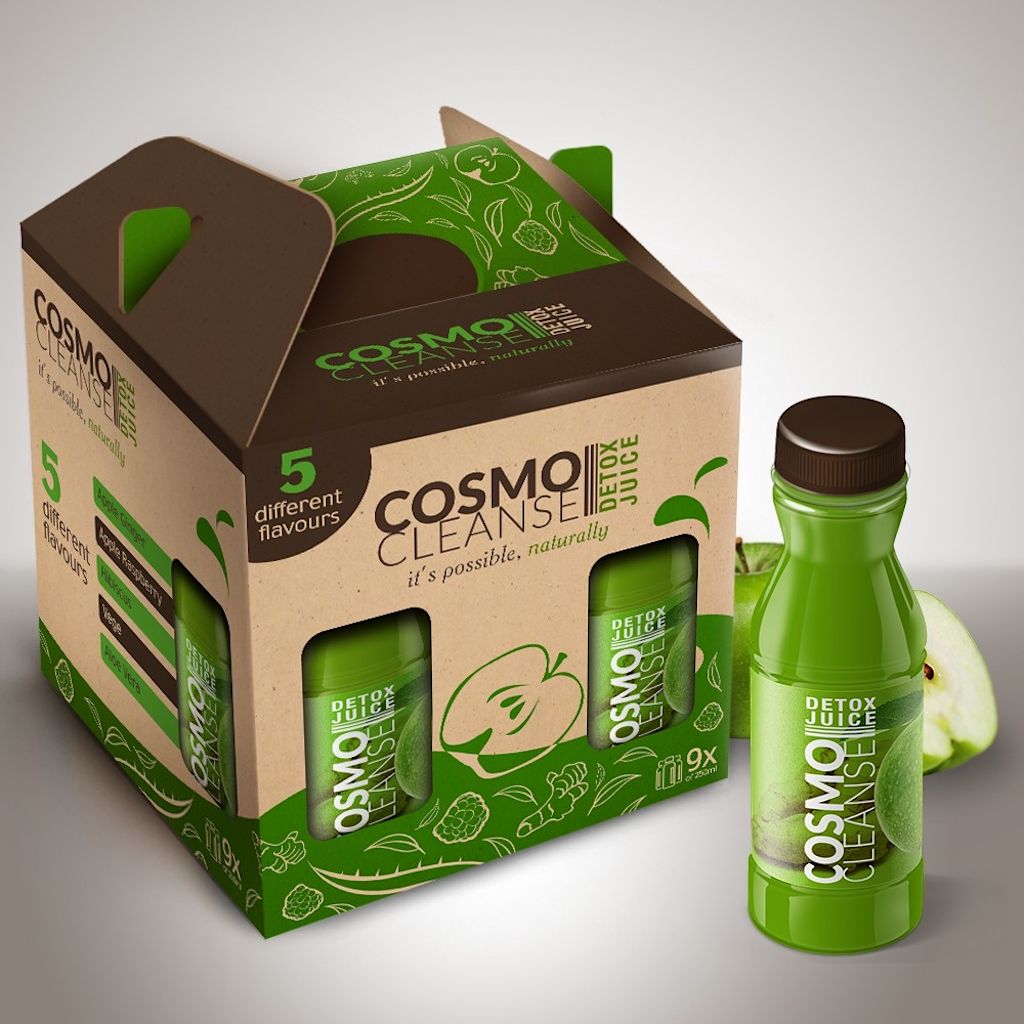 Alt text: Shelf-ready juice packaging featuring a cardboard carry box with built-in handles and branded detox juice bottles displayed inside.