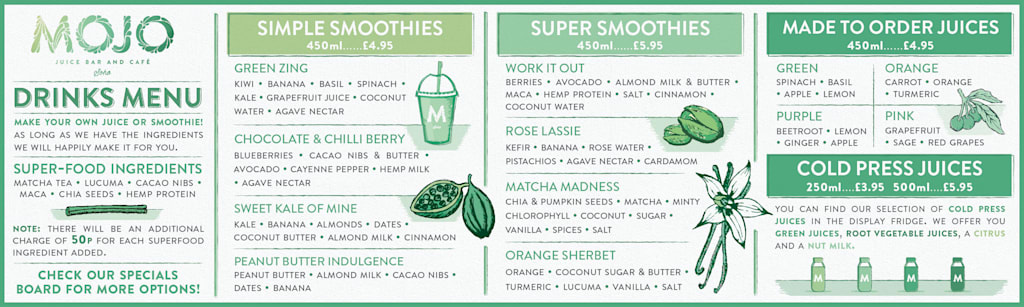 Menu design for a health juice bar that uses a green color palette