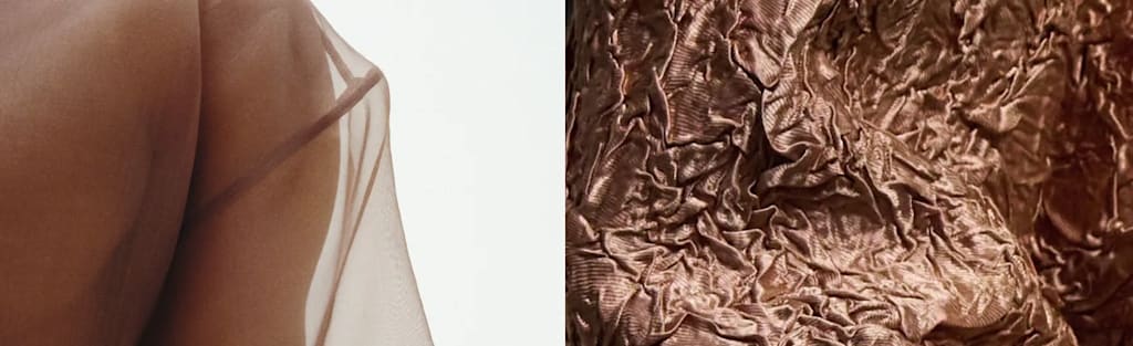 Mocha mousse fabrics in a crinkle texture and a sheer texture revealing skin underneath.