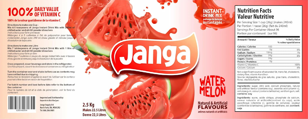 Pink, peach and white gradient product label with an image of watermelon slices and text