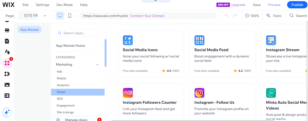 A screenshot of the social media functionality in Wix.