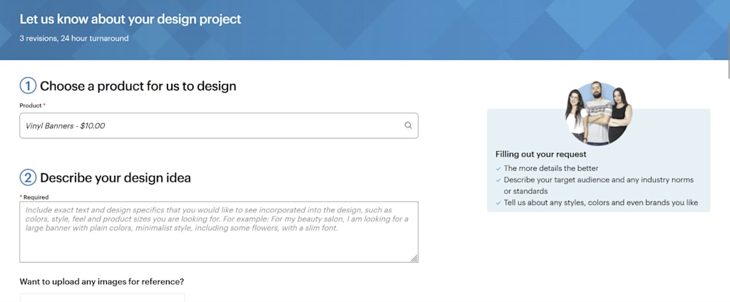 VistaPrint designer brief web page