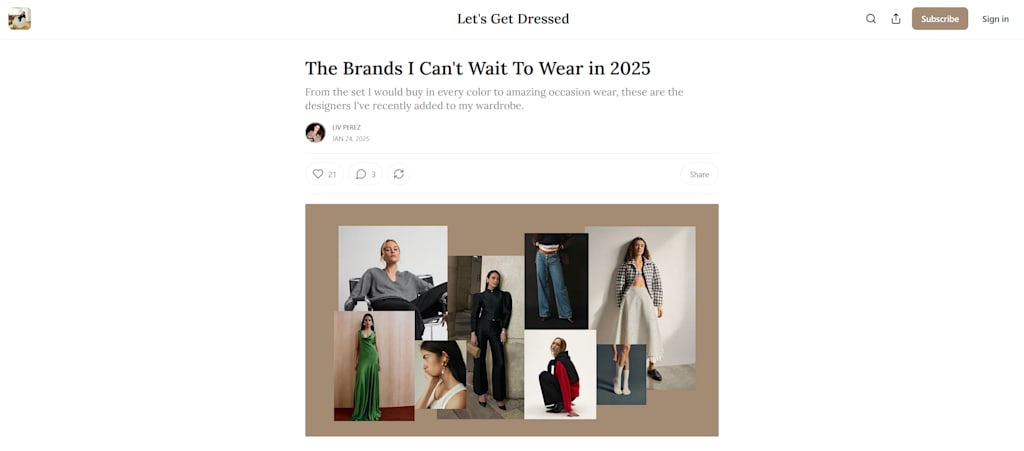A screenshot of a Substack article from a fashion influencer, an example of the Long-Form Influencer Marketing trend