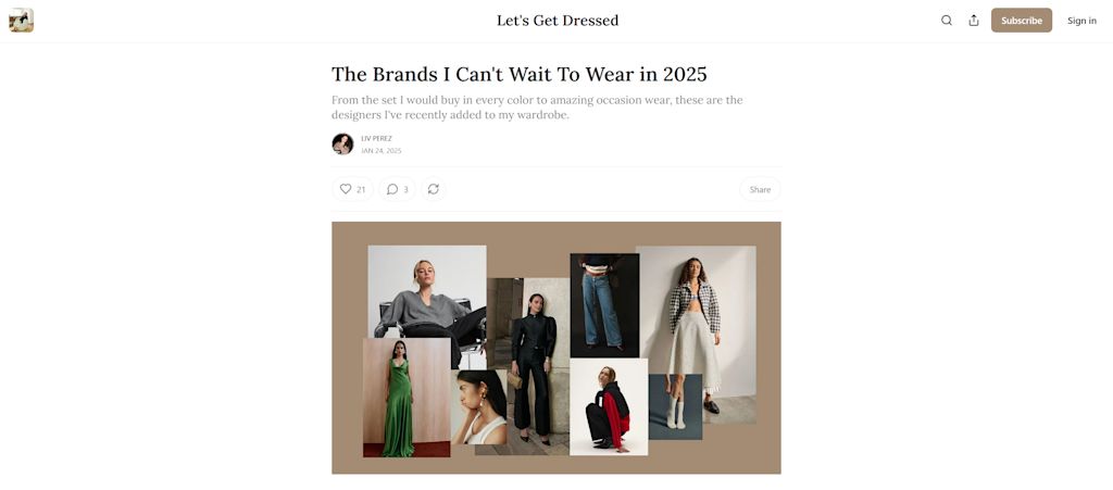 A screenshot of a Substack article from a fashion influencer, an example of the Long-Form Influencer Marketing trend