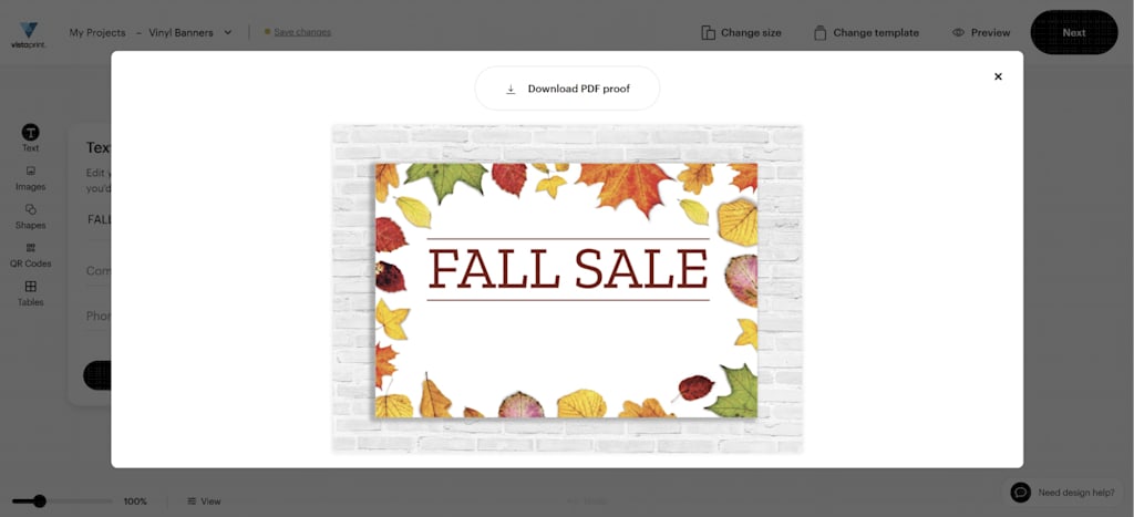 VistaPrint preview window