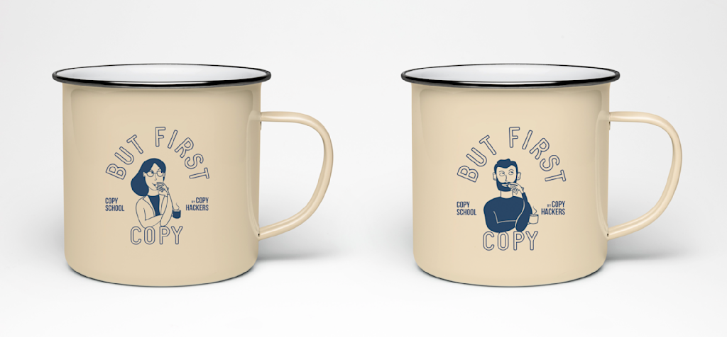 two mugs with copy school branding, each featuring blue line illustrations of people