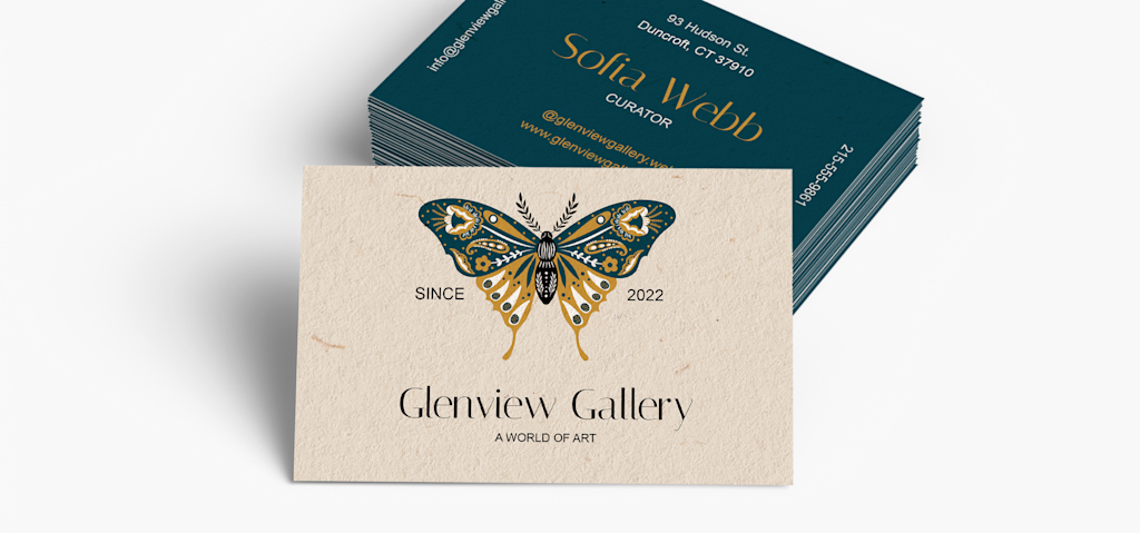 A business card promoting an art gallery.