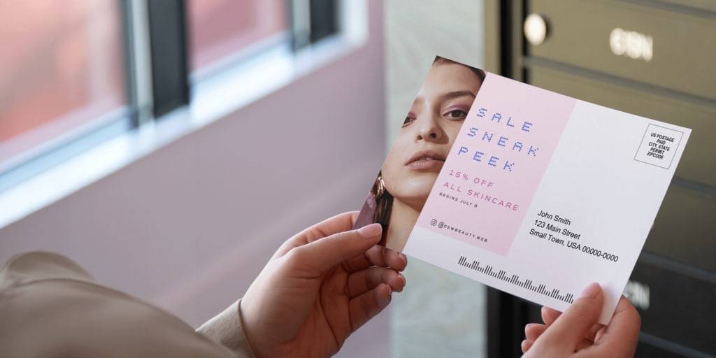 A promotional postcard with an asymmetrical graphic design layout