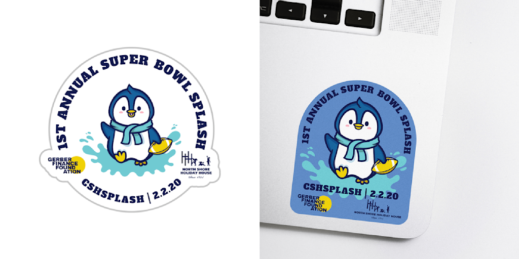 variations of a blue and white sticker featuring a penguin graphic, event name and date