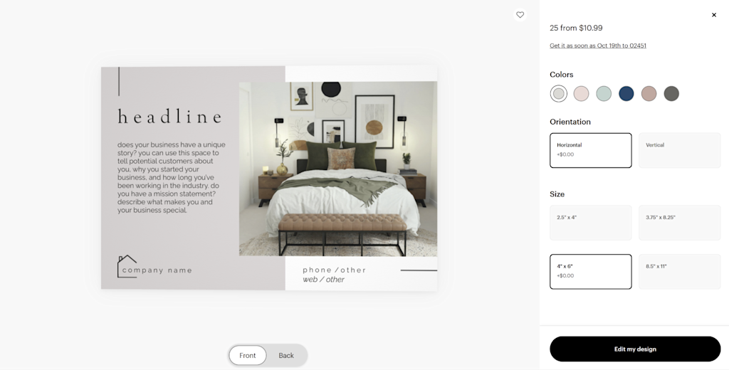 VistaPrint choose template page with preview of flyer on the left and options to change color, orientation and size on the right