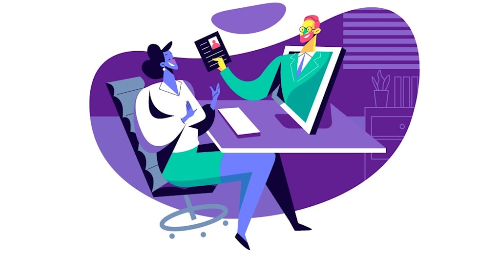 Illustration of customer and person jumping out of computer.