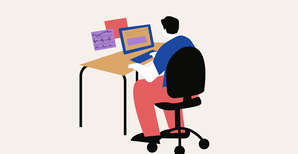Illustration of a person sitting at a desk doing research