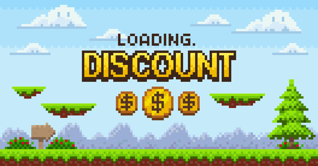 Videogame banner displaying “loading discount” text.