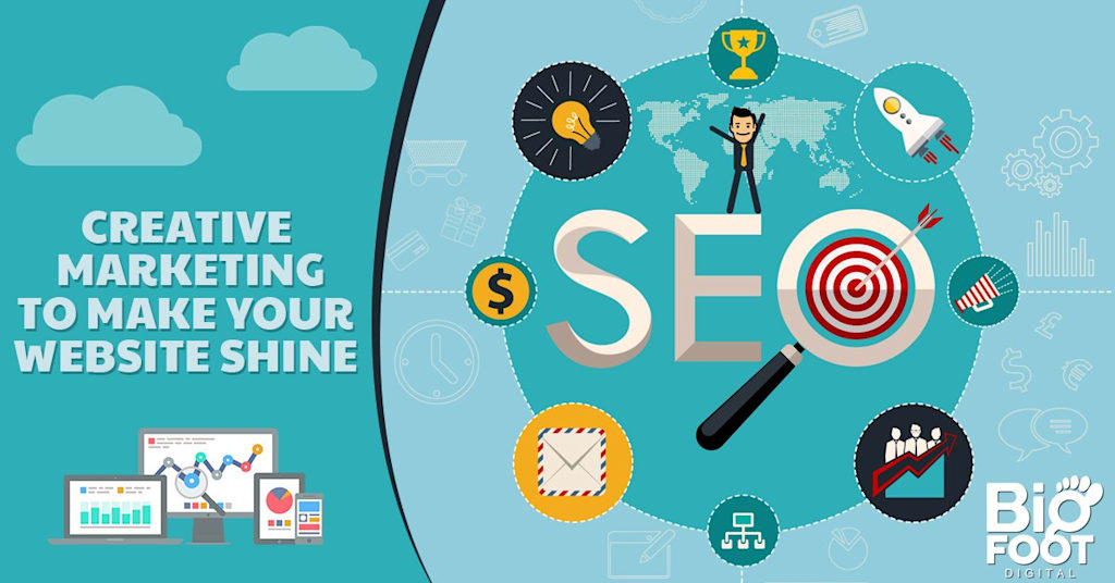 A graphic of charts and designs promoting an SEO business.