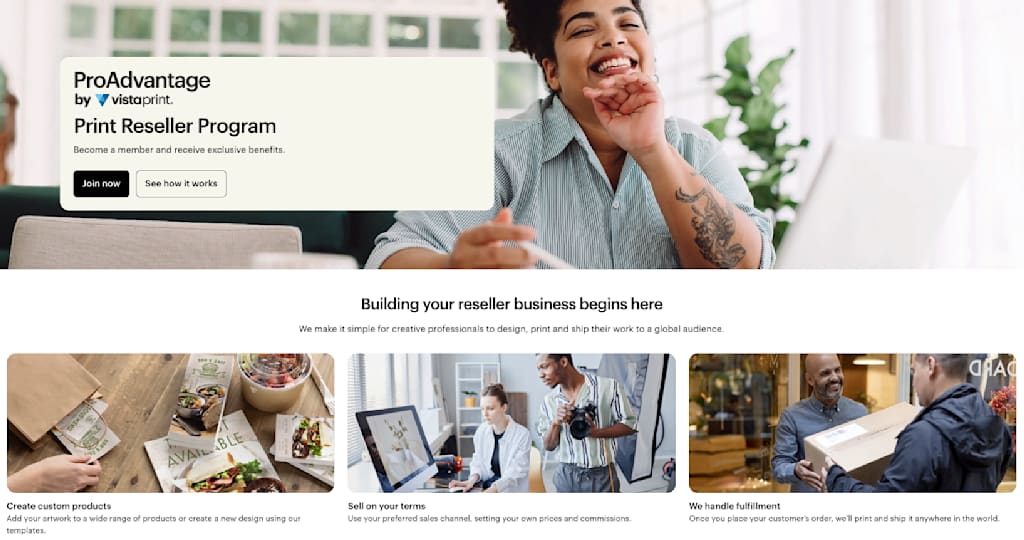 A webpage showing VistaPrint Reseller's programme overview and advantages.
