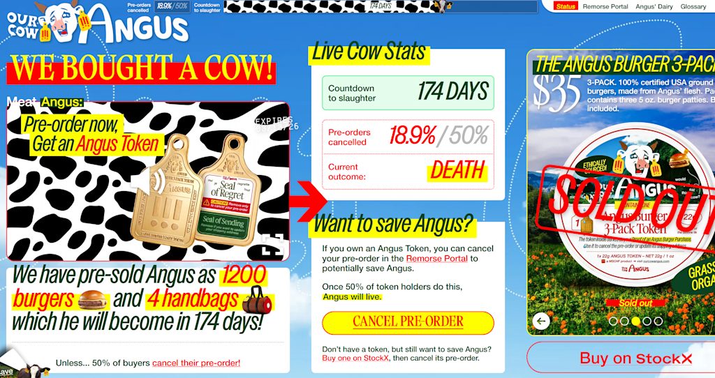A screenshot of the Our Cow Angus website, a MSCHF’s Our Cow Angus marketing campaign—an example of the Reactive Absurdism digital marketing trend 2026
