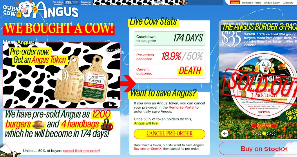 A screenshot of the Our Cow Angus website, a MSCHF&rsquo;s Our Cow Angus marketing campaign&mdash;an example of the Reactive Absurdism digital marketing trend 2026