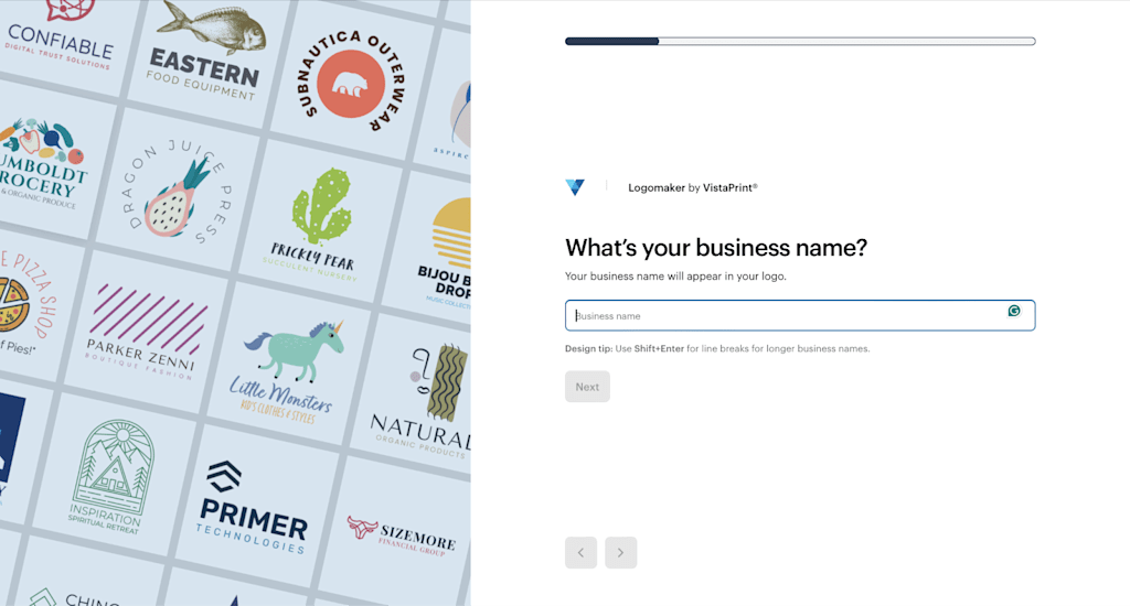 Entering your business name to create an AI logo with VistaPrint’s Logomaker