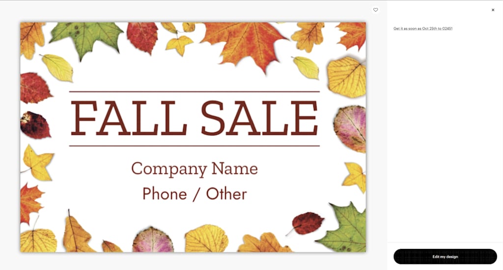VistaPrint edit my design window featuring sample fall sale vinyl banner
