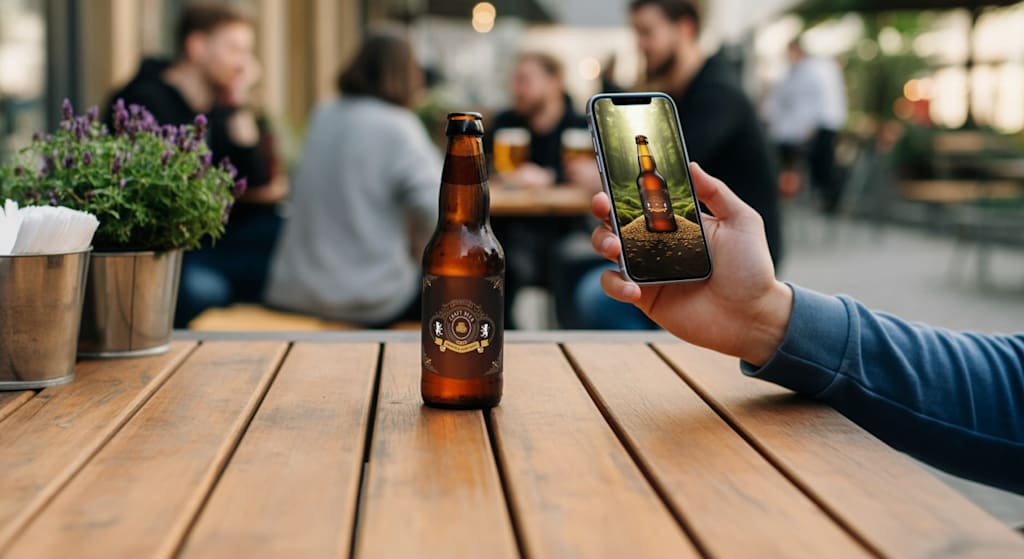 An image of a hand holding a phone in front of a bottle of beer on an outdoor bar or cafe table. The screen of the phone shows AR capabilities triggered by the beer label - the screen is showing the beer bottle in a forest environment