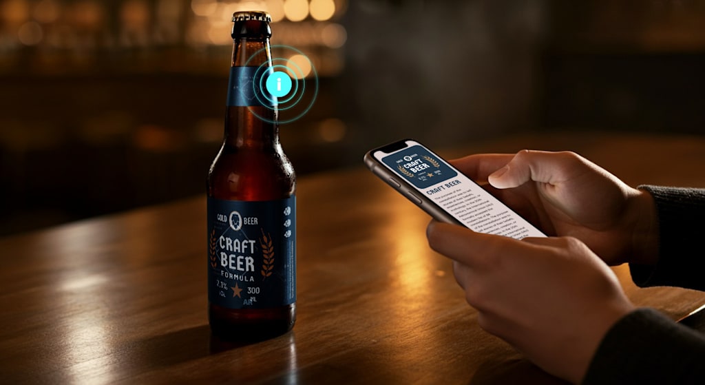 An image of a hand holding a phone near of a bottle of beer in an indoor bar. The screen of the phone shows NFC capabilities triggered by the beer label - the screen is showing information about craft beer.