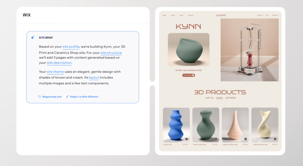 An example of a 3D Print and Ceramics Shop website generated from a text-based prompt with the use of AI