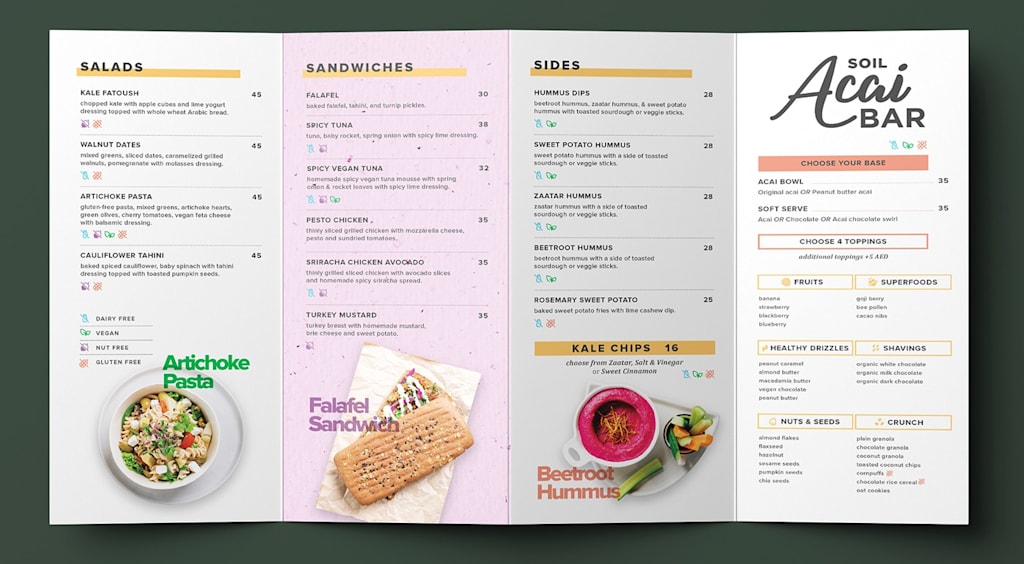 Restaurant menu design that uses icons and photography