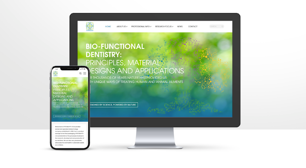 blue and green website design for a biotech company on desktop and mobile