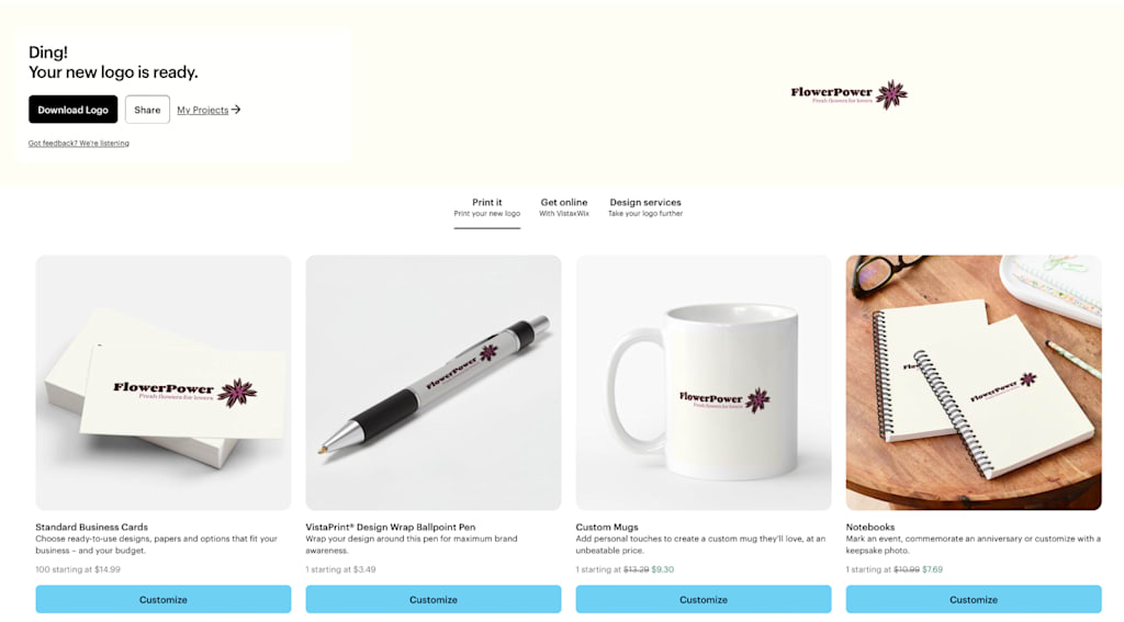 Customized AI logo design printed onto business cards, pens, notebooks and mugs