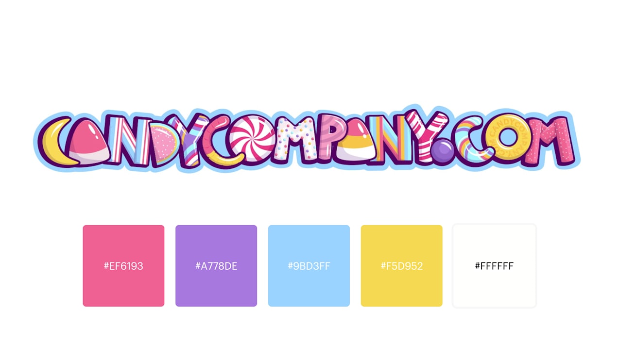 A logo for &ldquo;Candycompany.com&rdquo; with a font designed from nostalgic candies featuring bright colors of purples, pinks, blues, whites and yellows
