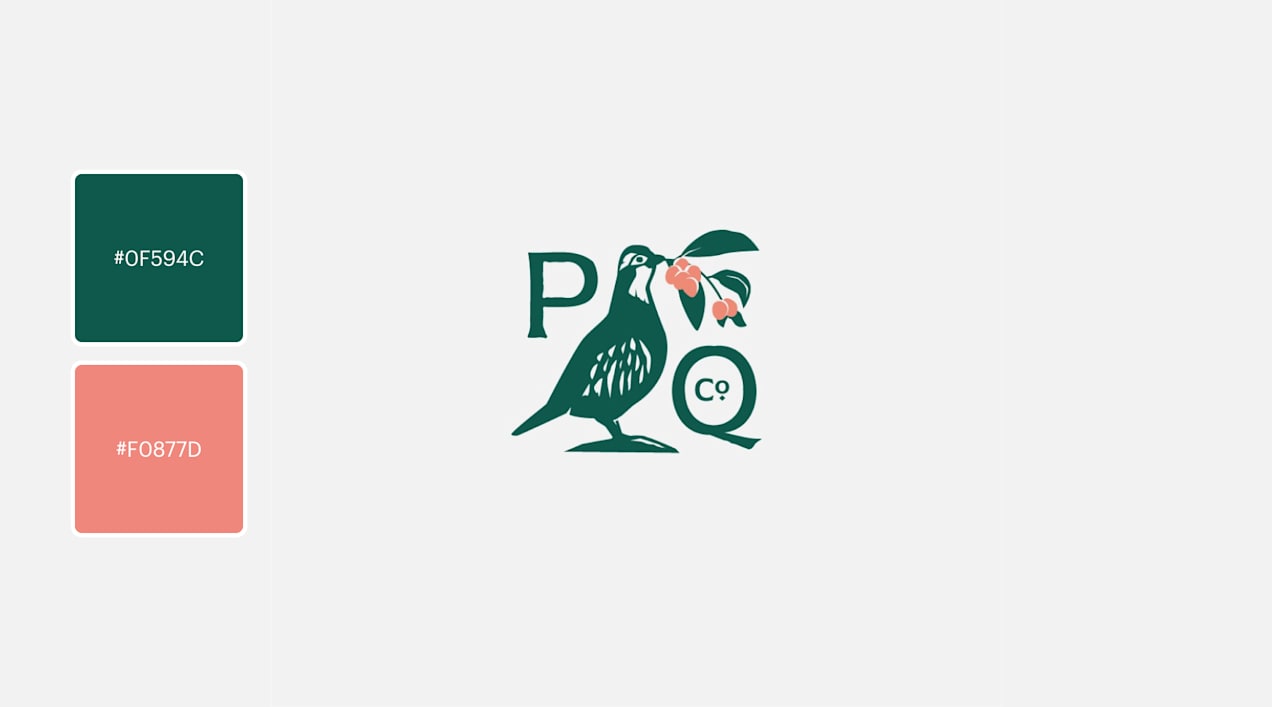 Logotype features a historic-looking serif font integrated with a minimalist dark teal partridge holding a berry branch in muted coral.