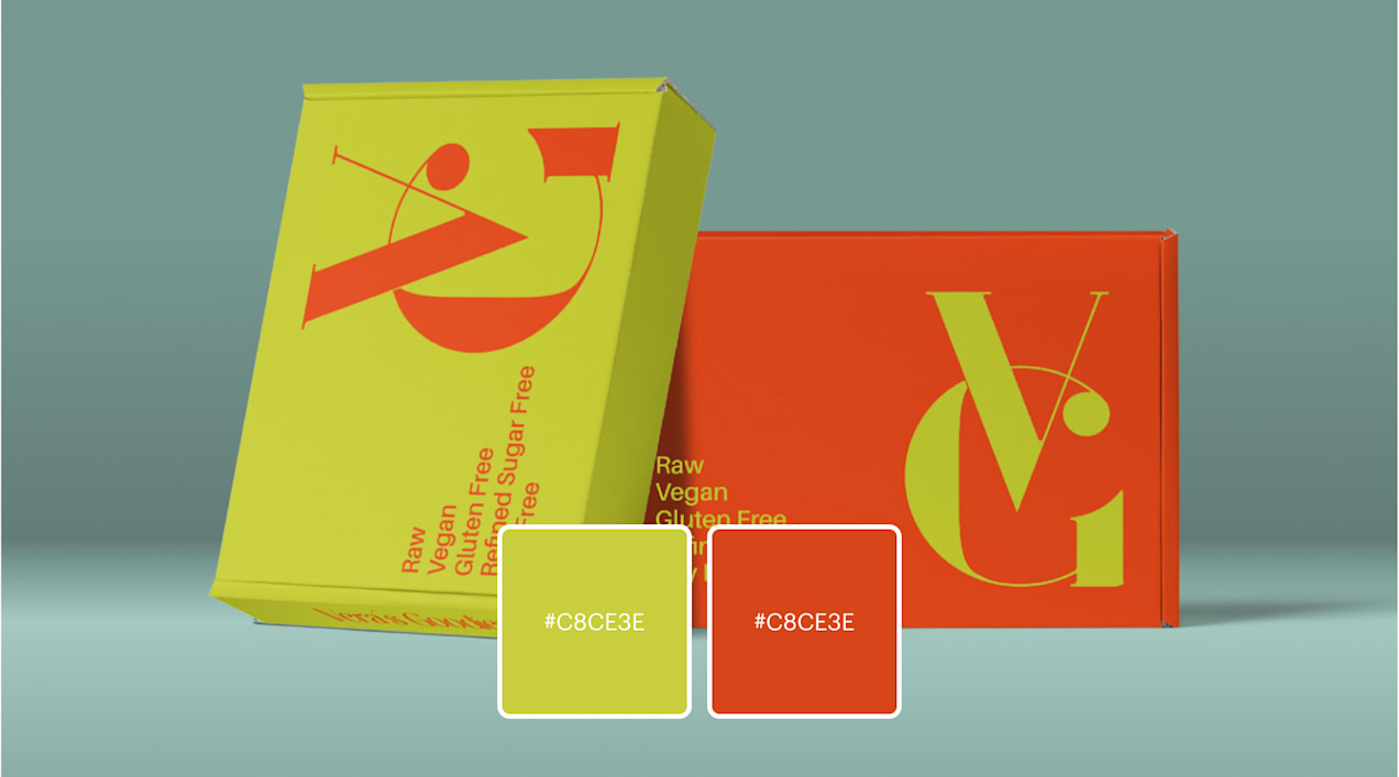A green and red-orange logo and packaging for a vegan brand