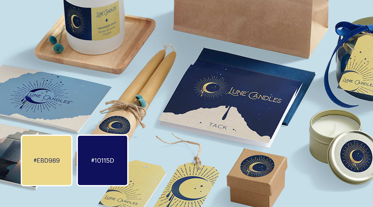 Gold and blue logo color combination across packaging materials for a candle brand