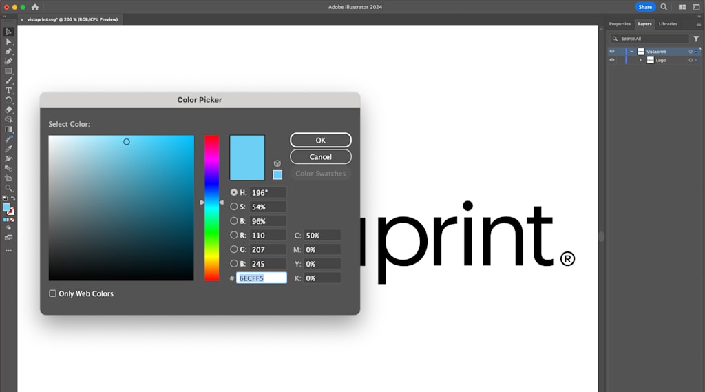 Illustrator's color picker tool demonstrated with Vista logo