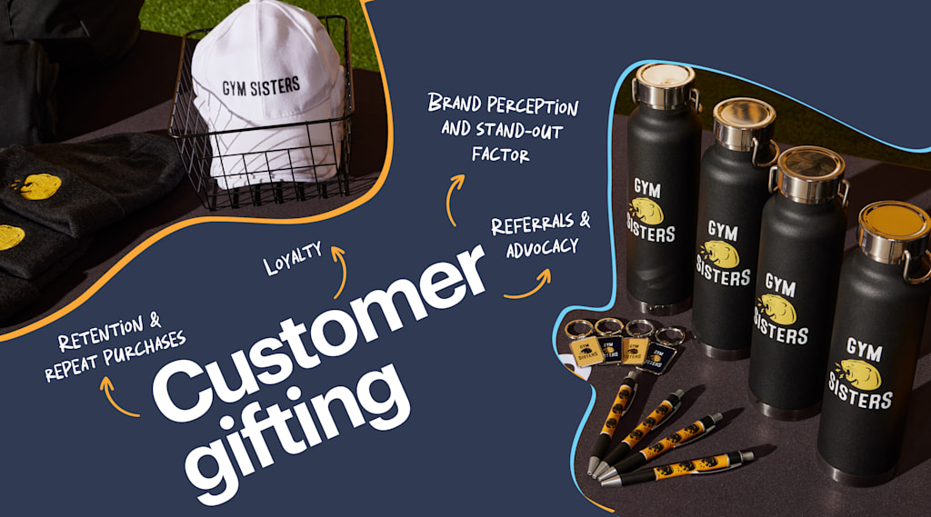 Gym sisters merch (baseball cap; water bottles; key-rings; pens) displayed with the USPs of customer gifting "handwritten" for emphasis: loyalty; retention and repeat purchases; referrals + advocacy; brand perception and stand-out factor
