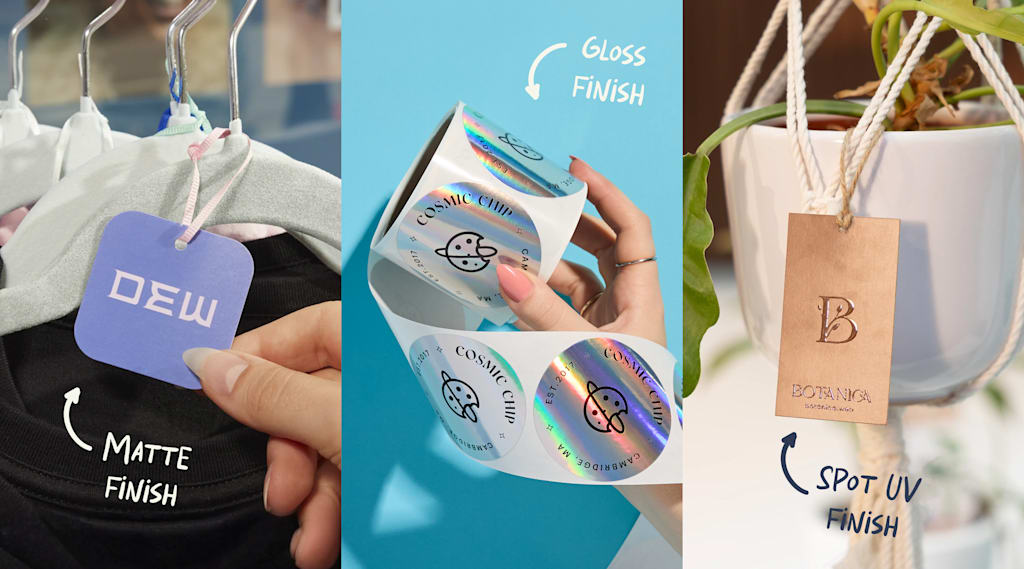 High-res photos showing the difference between Matte, Gloss, and Spot UV finishes on a Vistaprint label