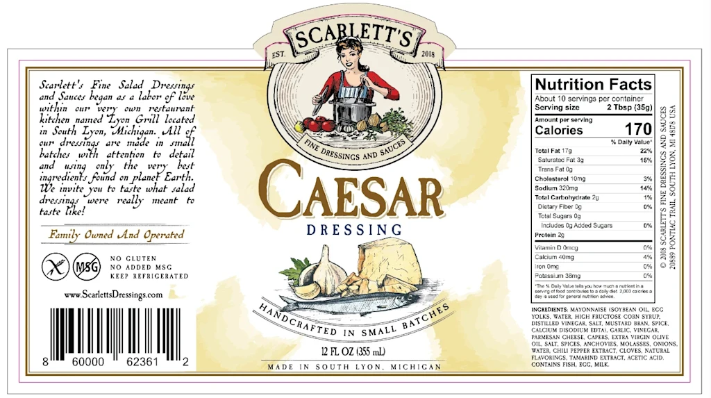 Vintage Caesar dressing label featuring a nutrition facts panel, ingredient list, barcode and handcrafted branding wrapped around a salad dressing bottle design.