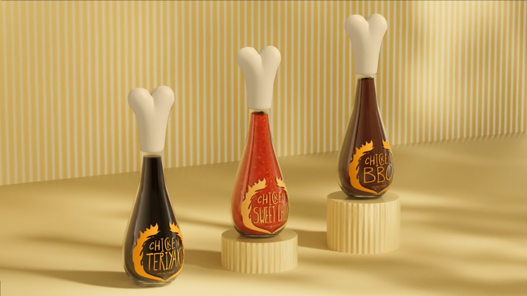 Bottles of condiments shaped as chicken thighs, an example of the Double Take Packaging trend 2026