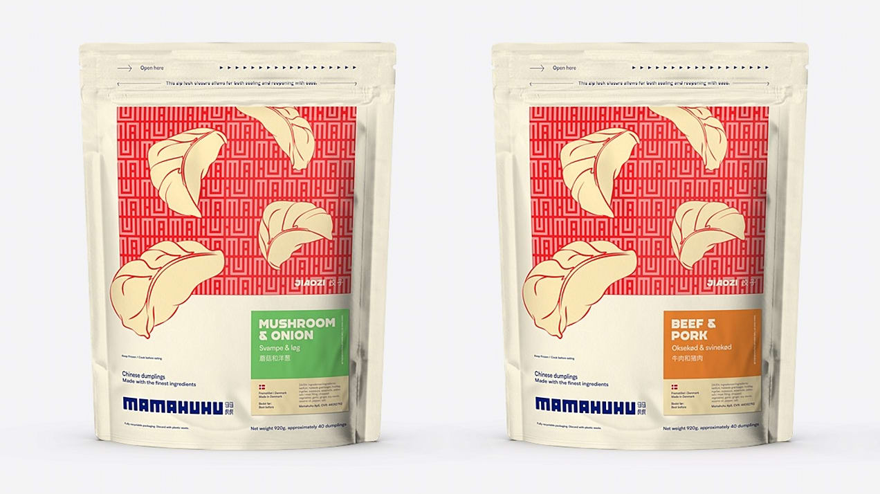 Three plastic stand-up food pouches with illustrated labels showing different dumpling flavors