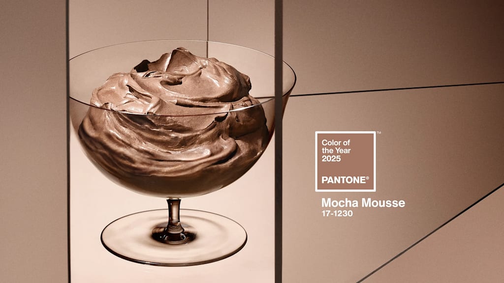 Mocha mousse swirled in glass cup showing the Pantone Color of the Year 2025