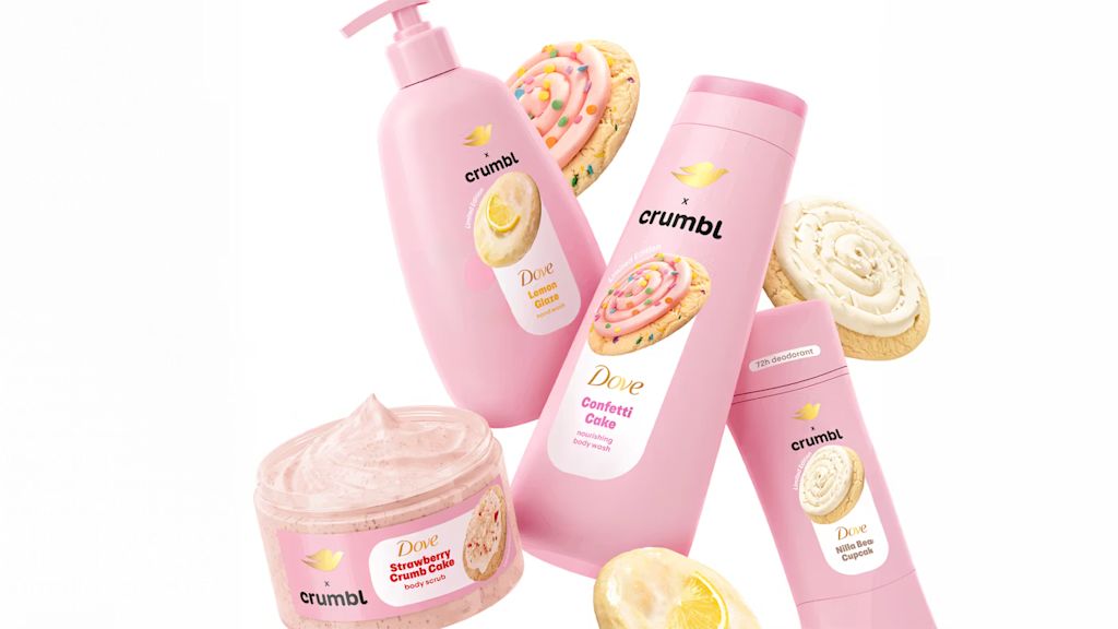 A photo of the products from the Crumbl x Dove collaborative drop, an example of the Odd Couple Collabs marketing trend 2026
