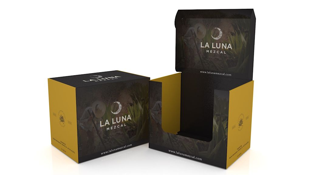 Foldable shelf-ready packaging design for mezcal bottles featuring black and gold branding.