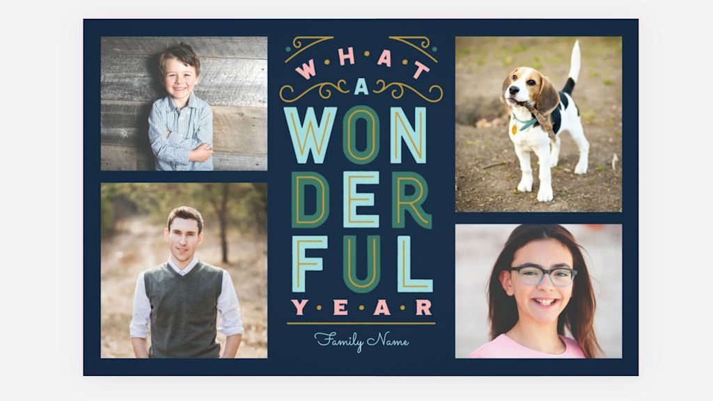 A New Year greetings card with bold text and four family photos.
