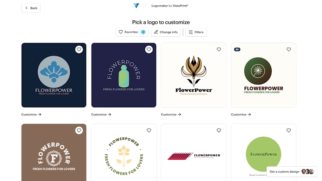 Logomaker by VistaPrint gallery presenting AI logo design options