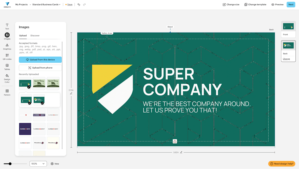 The look of the VistaPrint business card editor with the business card PDF template uploaded front and back sides.