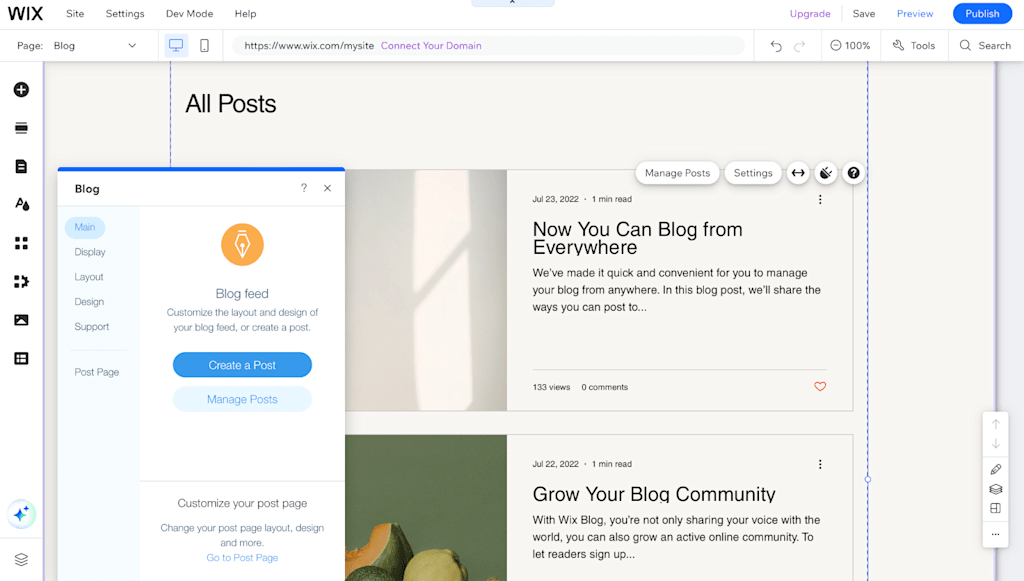A screenshot of the blog functionality in the Wix website builder.