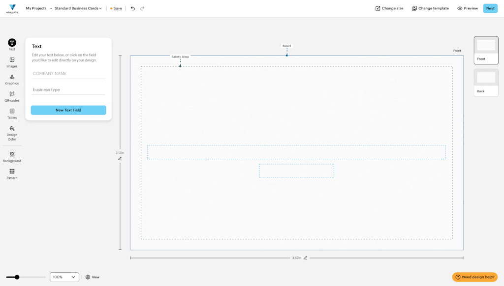 Blank canvas in the VistaPrint business card editor after all the elements were removed from the template.