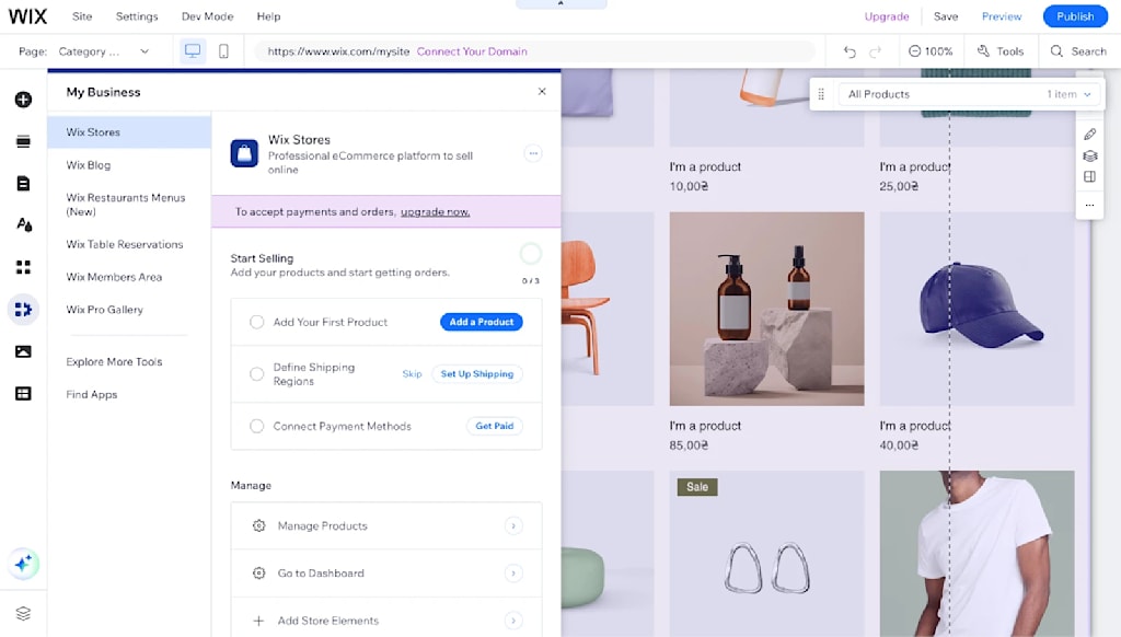 Screenshot of Wix Website Builder store dropdown that includes a number of actions for your Wix Store, including adding products.