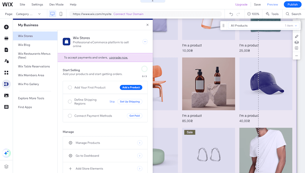 A screenshot of the Wix e-commerce functionality.