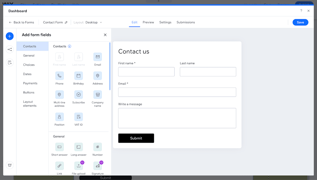 A screenshot of a contact form created with Wix’s built-in form editor.